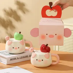Cute Apple Pig Ceramic Cup with Lid and Spoon, 460ML Cartoon Animal Coffee Mug, Christmas Birthday Gift for Girls and Friends