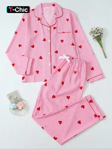 Women's Elegant Striped Heart Print Sleepwear Set, Pajama Set, Sweet Casual Homewear, Loungewear, Pocket Design Fitted Long Sleeve Shirt & Bow Detail Pants, Nightwear Lounge Set