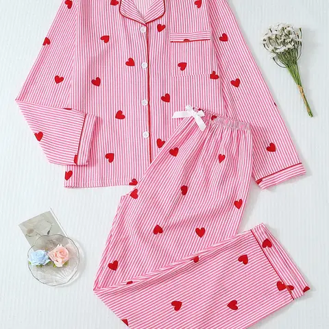 Women's Elegant Striped Heart Print Sleepwear Set, Pajama Set, Pyjamas, Pajamas, Sweet Casual Homewear, Loungewear, Pocket Design Fitted Long Sleeve Shirt & Bow Detail Pants, Nightwear Lounge Set, Loungewear Outfit, PJ Set