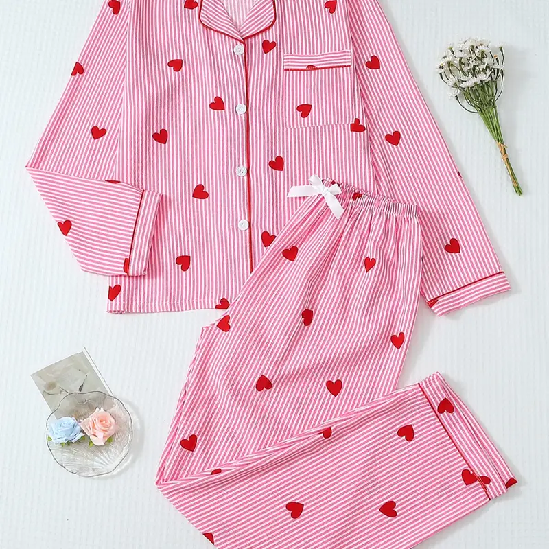 Women's Elegant Striped Heart Print Sleepwear Set, Pajama Set, Pyjamas, Pajamas, Sweet Casual Homewear, Loungewear, Pocket Design Fitted Long Sleeve Shirt & Bow Detail Pants, Nightwear Lounge Set, Loungewear Outfit, PJ Set