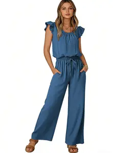 A women's solid color square neck overalls pocketless sleeveless lotus sleeve straight leg jumpsuit, suitable for summer, suitable for daily outing and home use