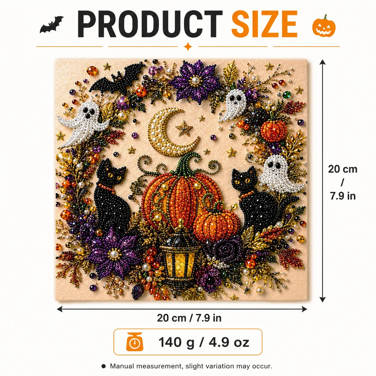 Halloween DIY Diamond Art Kit, 8 x 8 in Sparkling Bead Canvas Craft with Pen, Tray and Wax, Seasonal Tabletop Decor, Multiple Spooky Designs