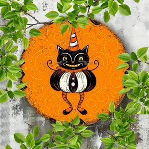 Halloween Black Cat Whimsical Halloween 1pc Vintage Black Cat Metal Wall Art Round 2D Printed Iron Sign with Orange & Black Colors Perfect for Home Bar Cafe Office and More Decor Artistic Room Ornaments Cast Iron Photo Decoration