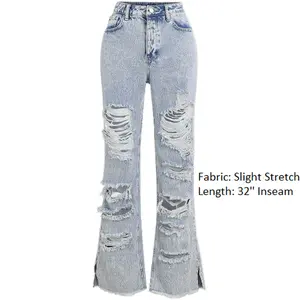 Distressed Frayed Split Hem Straight Leg Jeans Retro Denim Fit Womenswear