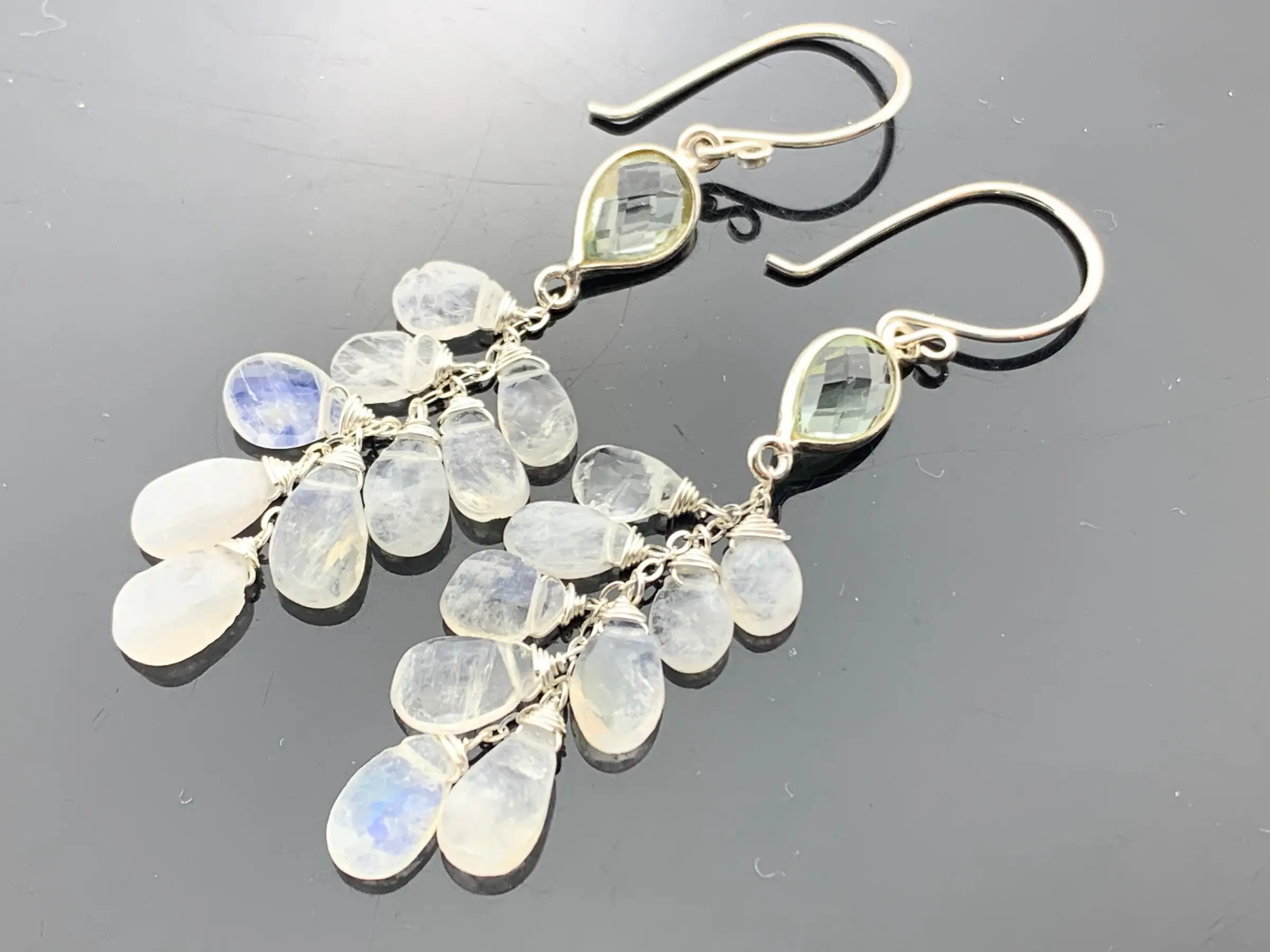 Rainbow Moonstone & Green Amethyst Dangle Earrings · 14K Gold Filled · Gemstone Cascade · Gift for Her · June Birthstone