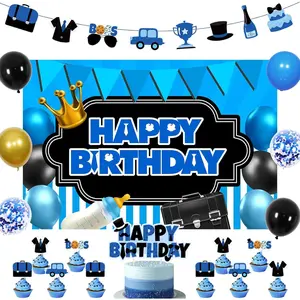 Boss Boy Birthday Decorations: Blue & Black 'Boss' Themed Backdrop, Banners, Cake & Cupcake Toppers, Latex Balloons, Adhesive Dots, Ribbons