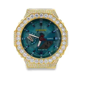 Casio Digital Watch Custom Moissanite Iced-Out Bezel Aftermarket Modification Gold Color Case