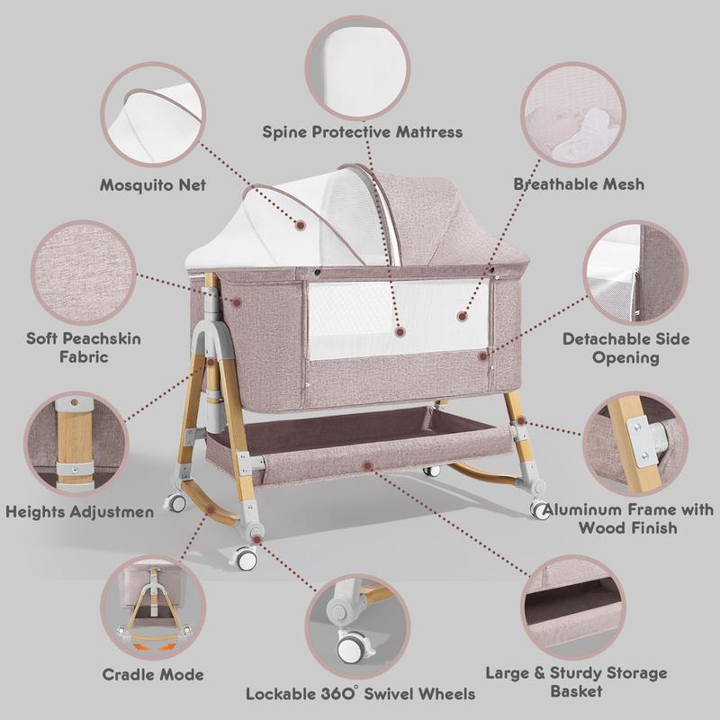 HARPPA 3-in-1 Foldable Baby Bassinet Bedside Sleeper, Rocking Bassinet with Mattress & Cover, Height Adjustable Bassinet for Baby with Wheels, Crib For Infant