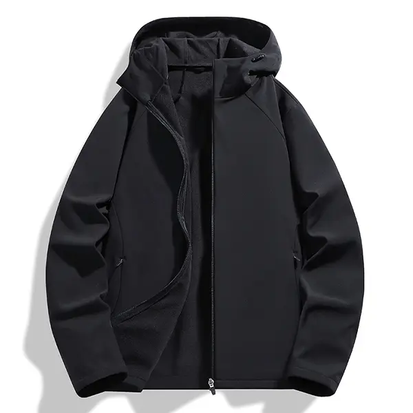 Men's Plain Fashion Menswear Tops Outfits - Black Softshell Jacket, Hooded, Fleece Lined, Ideal for Outdoor & Casual Wear, Coat, Long Sleeve, Minimalist, Foldable