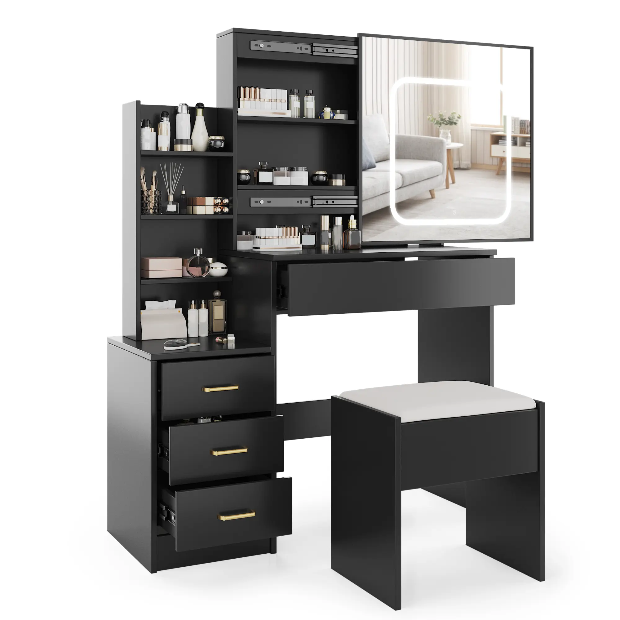 Vanity Desk with Mirror and Lights, Sliding Mirror Door Makeup Vanity Desk, 3 Color Dimmable Vanity Mirror, Power Outlet 2 AC 2 USB, Storage Drawers & Shelves, Stool Included,