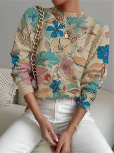 Women's Watercolor Floral Printed Stand Collar Sweater, Fall Winter Casual Long Sleeve Knitwear, Comfortable Warm Daily Wear