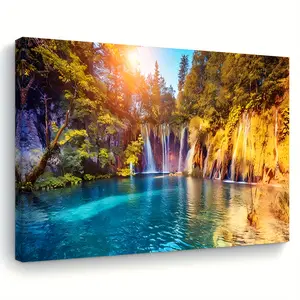 Lake and Waterfall Landscape Wall Art - 11.8"x15.7" Wooden Framed Canvas Painting, Suitable for Living Room, Bedroom, Kitchen, and Office Decoration - Perfect Home Decor or Holiday Gift