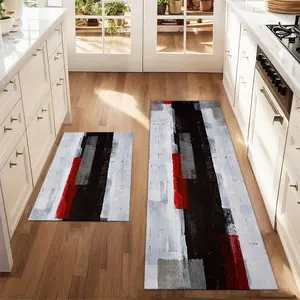 2Pcs black and red abstract art Geometric Pattern Rug floor mat set printed carpet farmhouse anti fatigue kitchen carpet non slip and washable winter kitchen restaurant floor laundry room decoration carpet mat