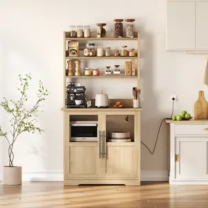 Farmhouse Bakers Rack with Storage Cabinet and Power Outlets, Freestanding 6-Tier Kitchen Pantry Hutch Tall with Door & Storage Shelves, Thickened Counter, Coffee Bar Station for Living Room, Rustic