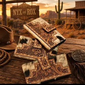Tooled and Cowhide Hair on Snap Closure Wallet with Intricate Floral Patterns and Brown Leather