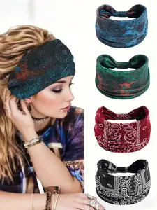 1pcs Women's Elastic Wide Workout Headband, Boho Style All over Print Hair Wrap for Daily Wear, Yoga and Sports Fashion Accessory