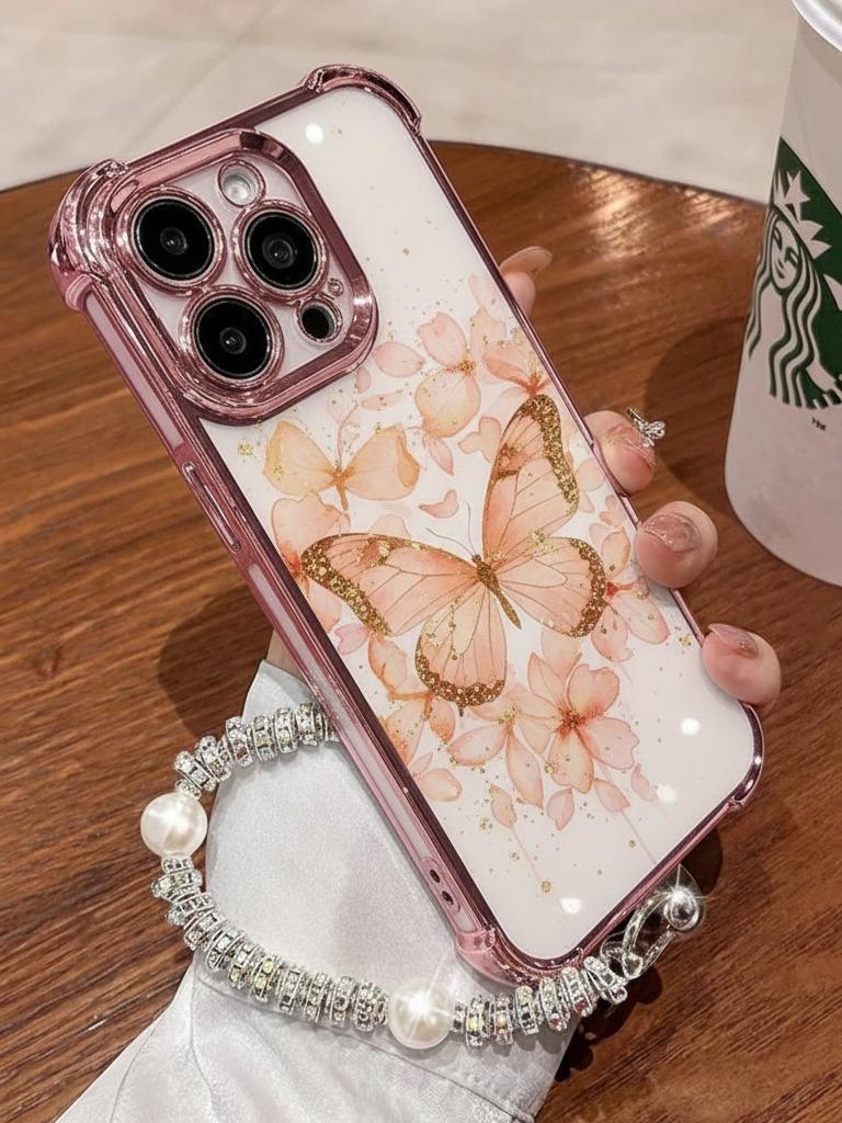 Five Butterflies Pattern Women's Phone Case for iPhone 11/12/13/14/15/16/17 Pro Max, Pink Chrome Alloy Frame Reinforced Corner Protection Protective Phone Cover