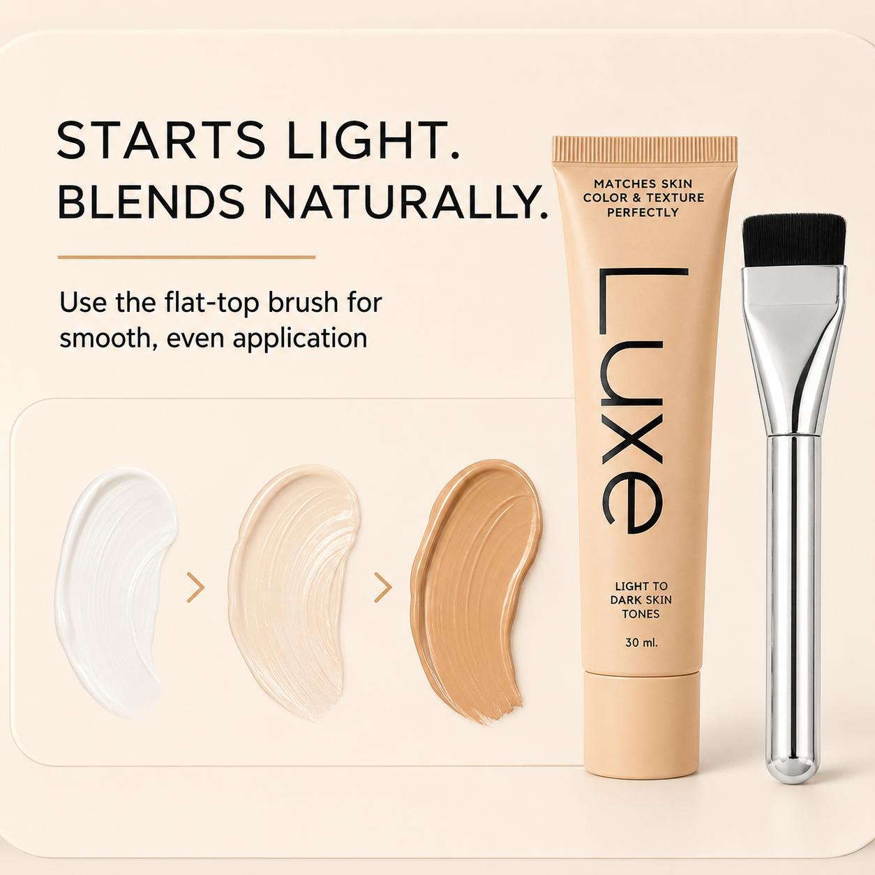 Color Changing Foundation & Flat Top Brush Set, 30ml Adaptive Shade Face Makeup with Buildable Coverage, Lightweight Natural Dewy Finish, Smooth Even Blending