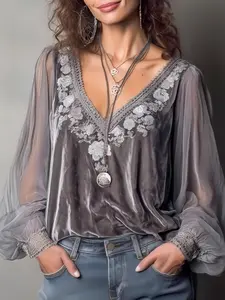 Women's Fashion French Vintage High-Quality Mesh Lace Patchwork Embroidery Velvet Top Blouse, Long Lantern Sleeves Deep V Neck Pullover Sweater