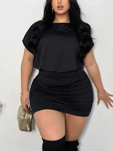 Plus-Size 1 Piece Batwing Sleeve Ruched Bodycon Mini Dress, Minimalist Y2K Style, Stretchy Drop Shoulder Top & Cinched Ruched Skirt Detail, For Curvy Women, Perfect for Date Night, Clubbing & Casual Streetwear, Women's Plus-Size Dresses, Womenswear