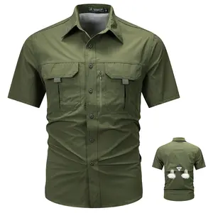 Lightweight stretch quick-dry outdoor cargo shirts, breathable back vent multi-pocket short-sleeve work tops for travel and camping
