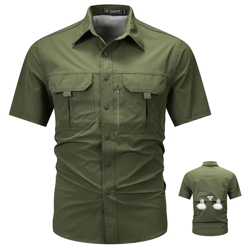 Men's Short-Sleeve Cargo Shirt, Lightweight Quick-Dry Stretch Nylon Button-Down Top with Pockets for Outdoor Fishing & Hiking, Outdoors, Do Not Iron, Drip Dry, Hang Dry