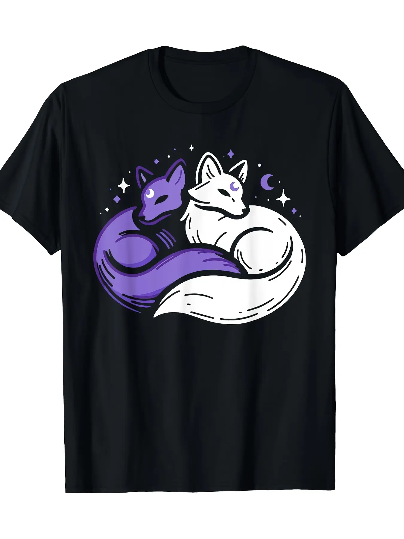 Men's 220g Heavyweight 100% Cotton Vintage Graphic T-Shirt - Short-Sleeve Crew Neck, Fox Moon Print, Sky Purple, Soft Fabric, Christmas/Halloween Wear, Menswear, 2XL