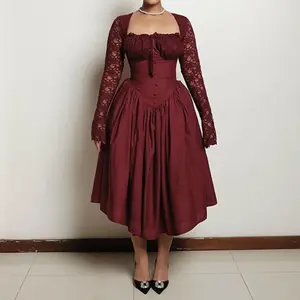 summer spring clothes Lace Dress Women Sexy Floral A Line Long Dresses Square Collar Summer Tight High Waist Slim Party Prom Mid Length Vestidos