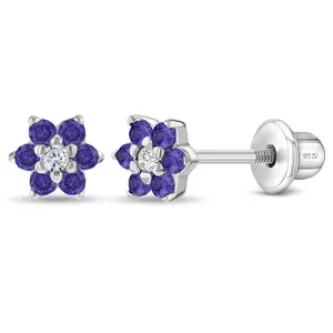 CZ Cluster Flower Baby / Toddler / Kids Earrings Screw Back - Sterling Silver