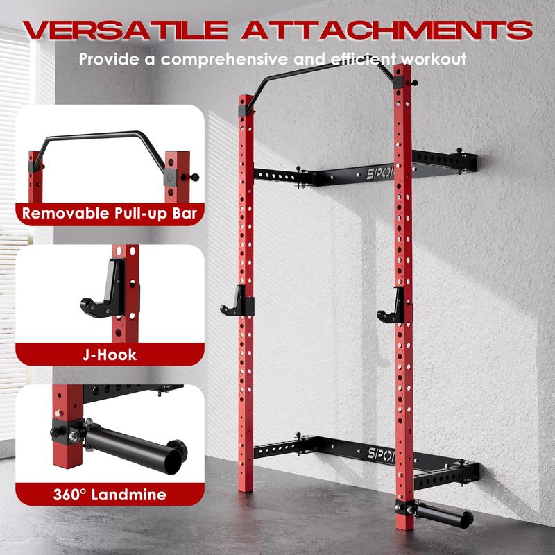 GARVEE Folding Squat Rack with 1000LBS Capacity, Wall Mounted Design, Includes Pull Up Bar, J Hook, and Landmine Attachment for Versatile Home Gym Workouts and Space-Saving Solutions.