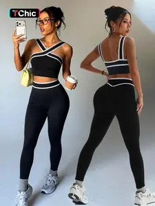 Women's Colorblock Cross Neck Sports Bra and Tight Pants Set, High Waist, Fitted, Comfortable, Ideal for Running Yoga Cycling