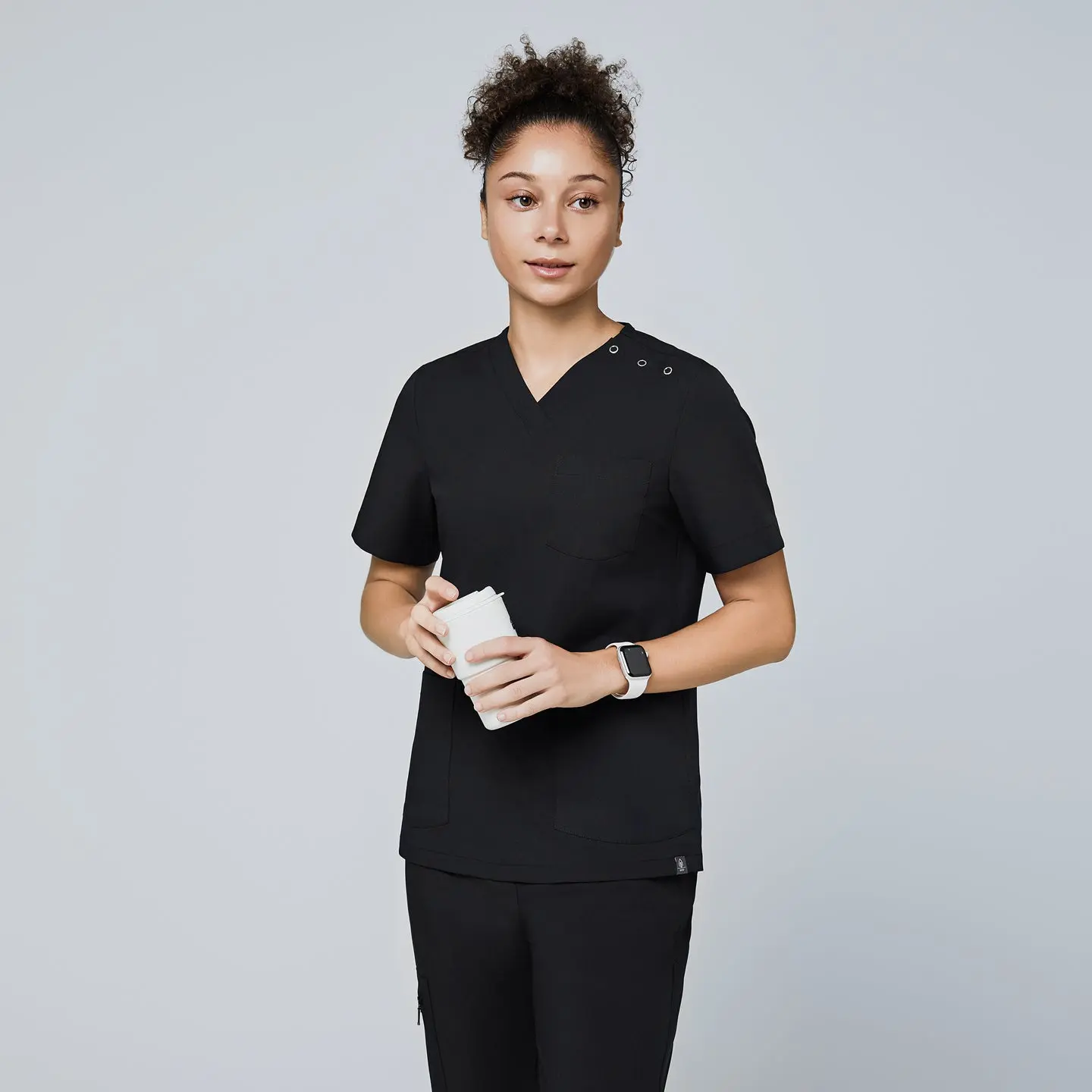 Zenir | Women's Shoulder Button Scrub Top - Eco Black