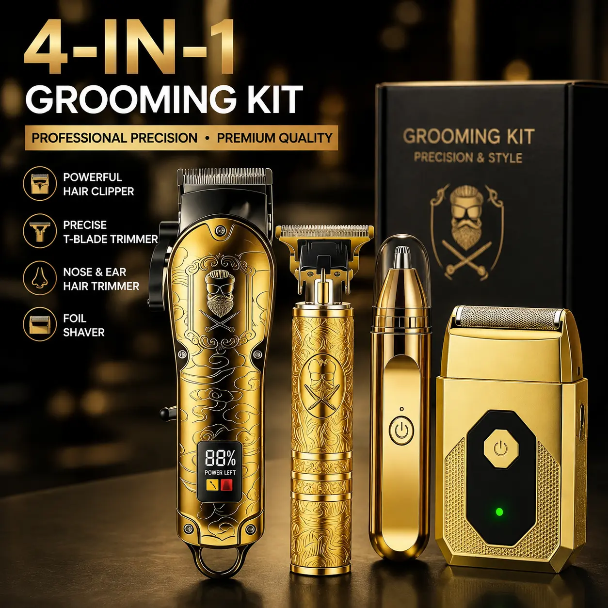 Gifts for Men Dad Him, 4-in-1 Professional Hair Clippers & Grooming Kit, Cordless Barber Clipper, Beard Trimmer, Nose Trimmer & Foil Shaver, USB Rechargeable LED Display Hair Cutting Tools for Home Barber Salon