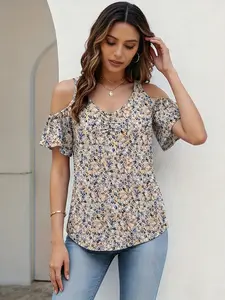 Plus Size Vintage Ditsy Floral V Neck Off-Shoulder Short Sleeve T-Shirt, Loose-Fit Ruffle Hem, Casual Daily Wear Top