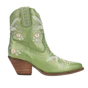 Dingo Womens Primrose Floral Embroidered Metallic Pull On Snip Toe  Casual Boots Ankle Mid Heel 2-3" - Green