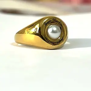 Elegant Yellow Ring - Stainless Steel Non Tarnish Waterproof Open Sized Ring Fits 7 8 9 Vegan Pearl in Middle