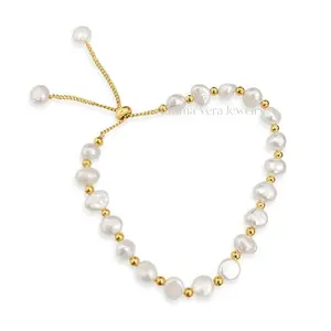 Gold Fresh Water Pearl Slider Bracelet, Genuine Pearl Bracelet, Stacking Bracelet for Women