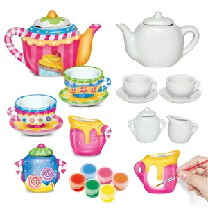 9 Piece DIY Ceramic Tea Set Coloring Kit, Water Pouring Playhouse Toy, Parent-Child Craft Graffiti Gift for Girls Age 5+, Birthday & Christmas