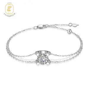 Moissanite Classic Solitaire Double-Chain Bracelet Silver-Plated Valentine's Day Wedding Engagement Anniversary Romantic Elegant Gift Daily Wear