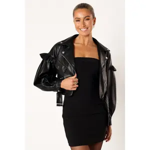 Hanna Ruffle Sleeve Faux Leather Jacket - Black