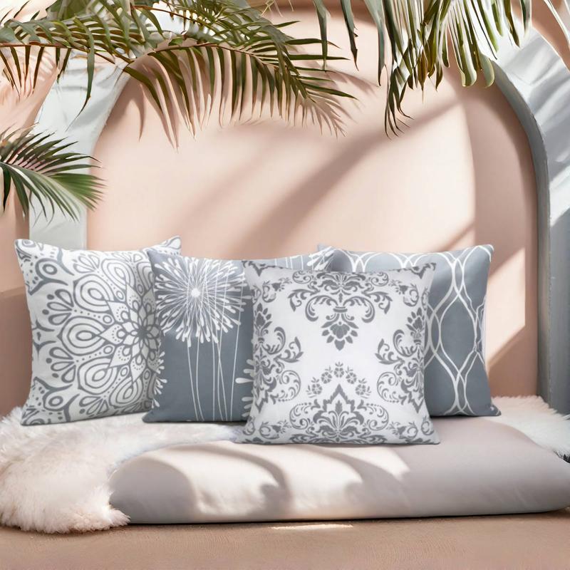 Modern Simple 8 Pack 2 Set Linen Throw Pillow Covers 18 X 18 Inch Geometric Print Gray White Line Pattern Square Cushions for Couch Patio Sofa Home Decor