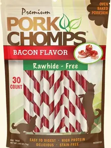 Pork Chomps Baked Pork Skin Dog Chews – 5-Inch Mini Twists with Bacon Flavor Wrap, 30 Count