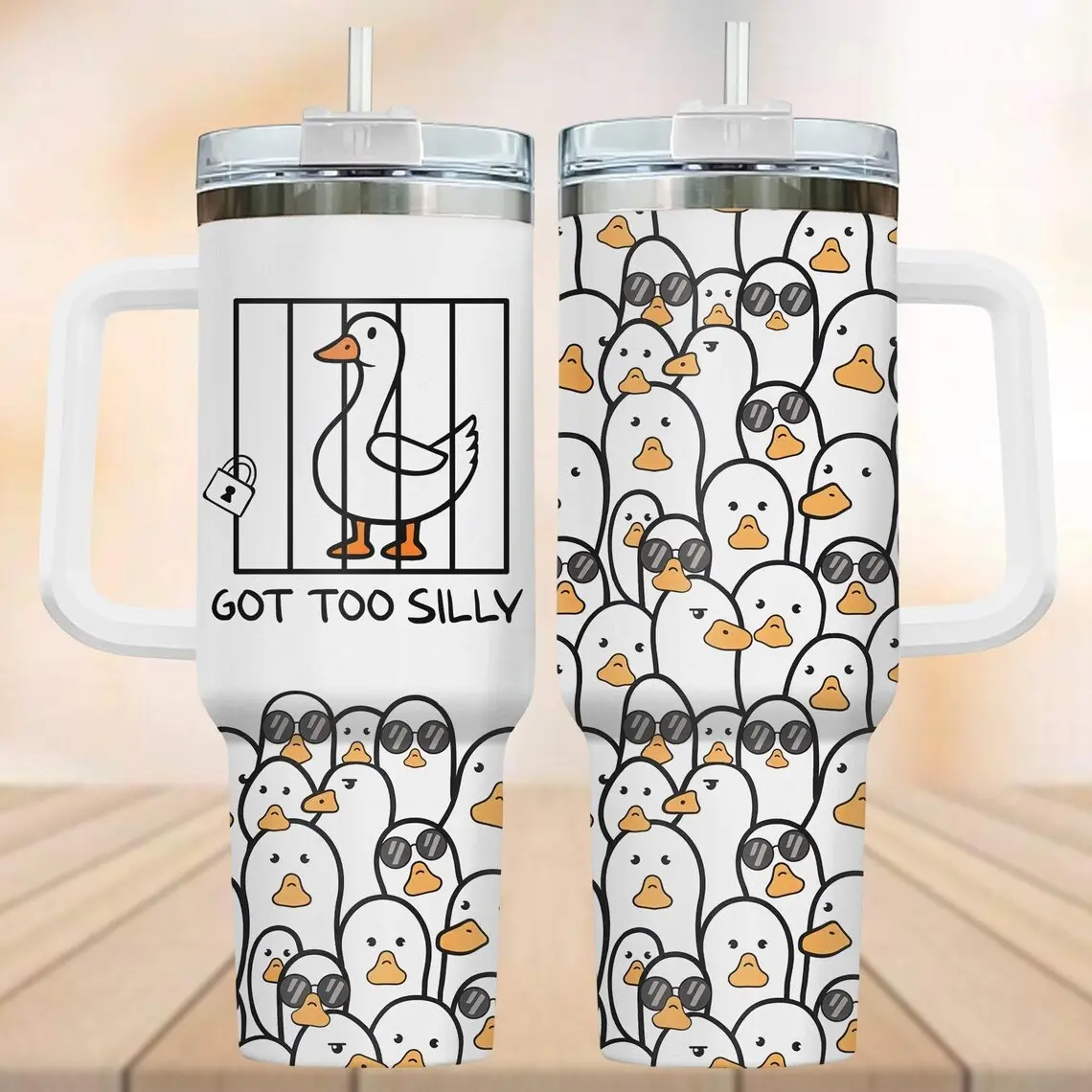 Duck Got Too Silly 40oz Tumbler, Cute Animals Tumbler With Handle, Funny Goose Water Tumbler, Duck Travel Tumbler, Gift for Duck Lover - ytk10121 Drinkware Flasks