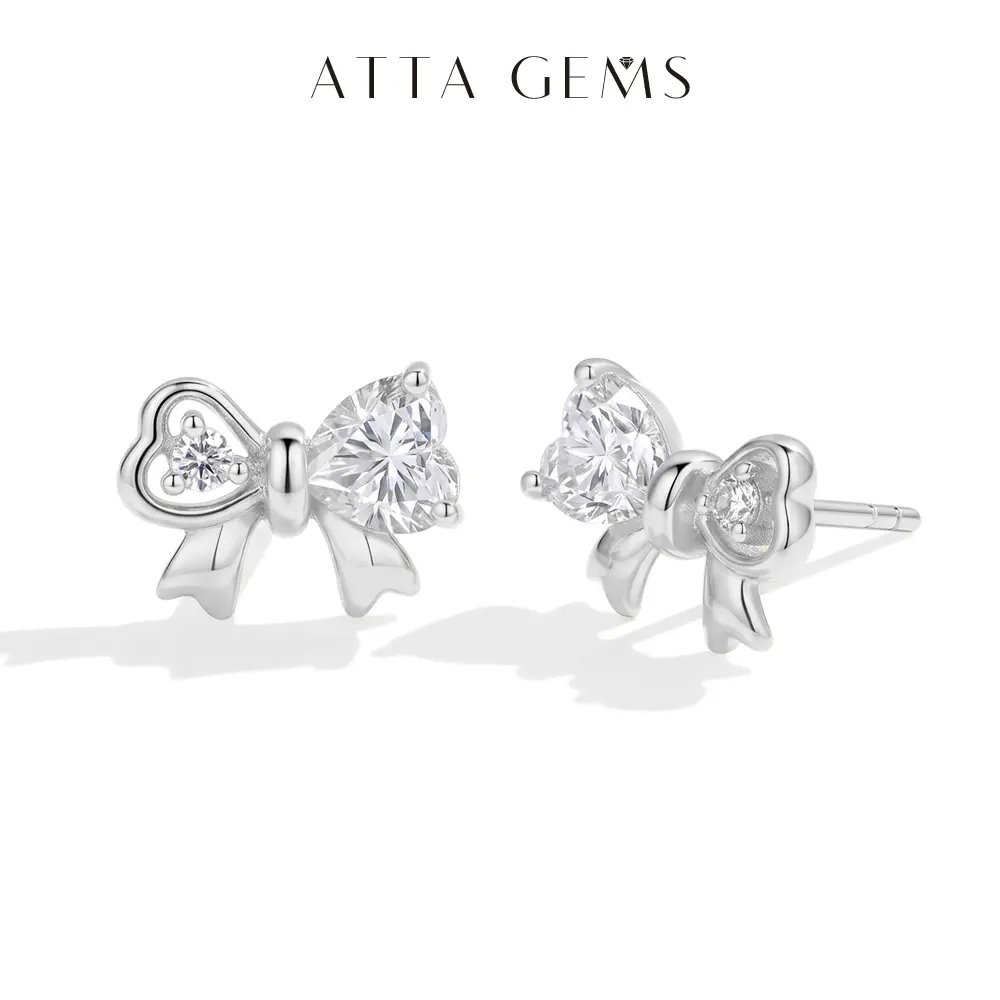 ATTAGEMS Cute 0.5-1.2ct Heart Cut Lab-Grown Moissanite Bow Earrings for Women, 925 Sterling Silver Daily Wear-Party Jewelry, Birthday Gift E077 summerwins, Cute Earrings