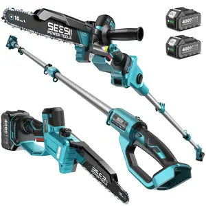 SEESII 10-Inch 2-in-1 Cordless Pole Saw & Mini Chainsaw, 900W Brushless Motor & 2 x 4.0Ah 21V Batteries, 16Ft Max Reach & 14 Piece Kit for Tree Trimming CHT11
