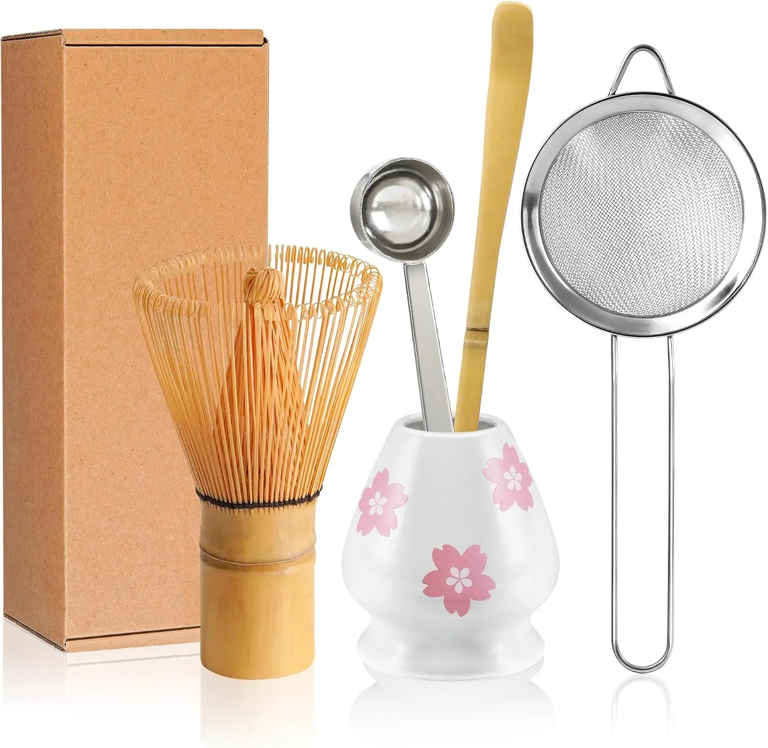 Matcha Whisk Set, Matcha Making Kit Bamboo Whisk (Chasen), White Ceramic Whisk Holder Stand, Sifter, Scoop Japanese Tea Tools For Ceremony Gift