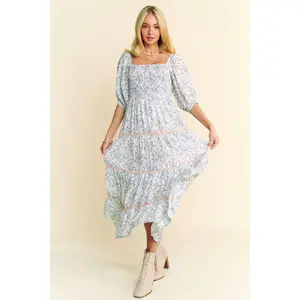 Davi & Dani Contrast Ric Smocking Bodice Tiered Midi Dress