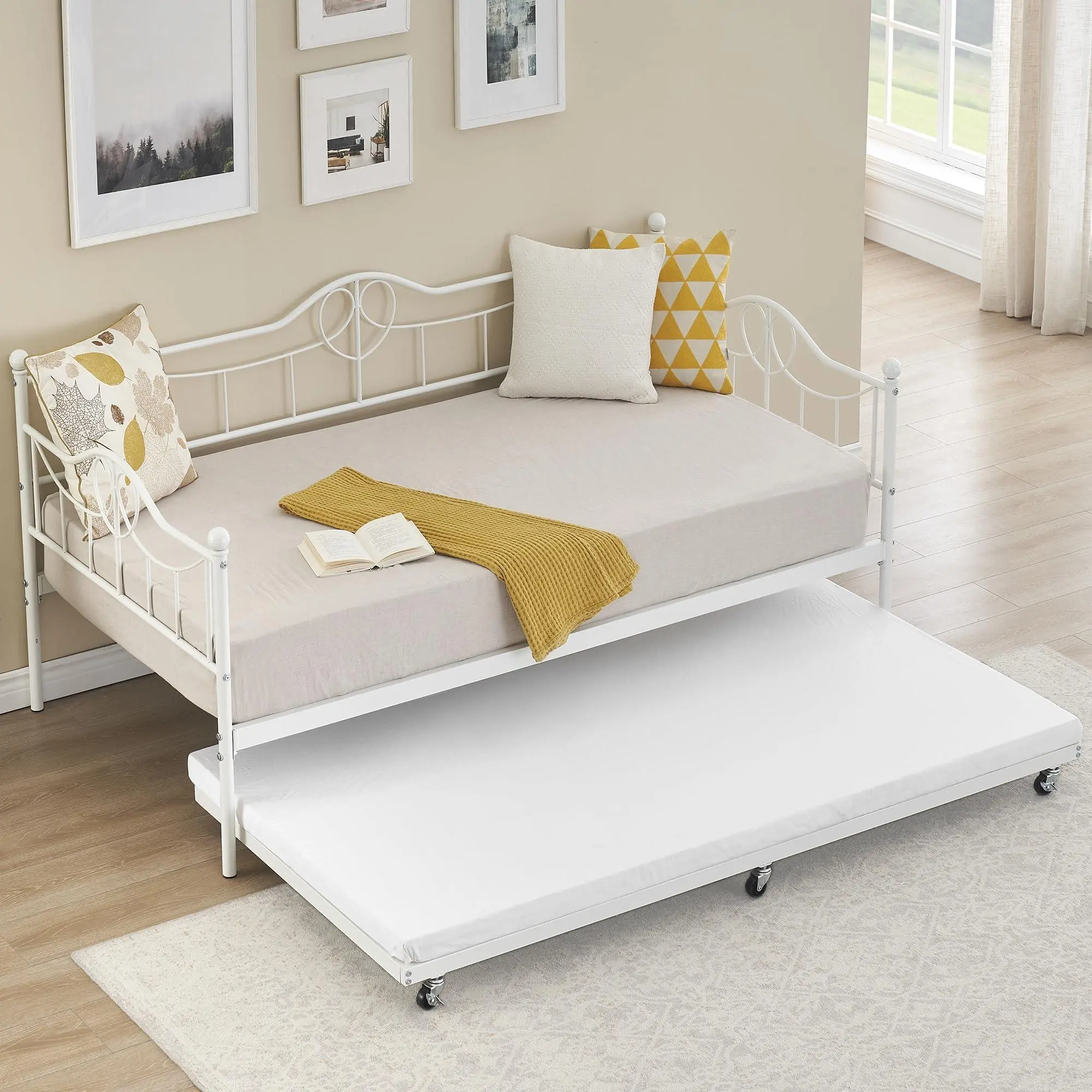 GARVEE Twin Metal Day Bed with Trundle Steel Slat Support, No Box Spring Needed—Suitable for Kids, Teens & Adults