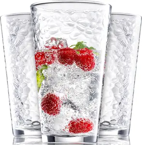 Le'raze Set of 10 Hammered Glass Drinkware Tumblers, 16oz Clear Heavy Base Drinking Glasses, Stackable, Durable, Dishwasher Safe, Freezer Safe, Non-Slip, 100% Food-Grade