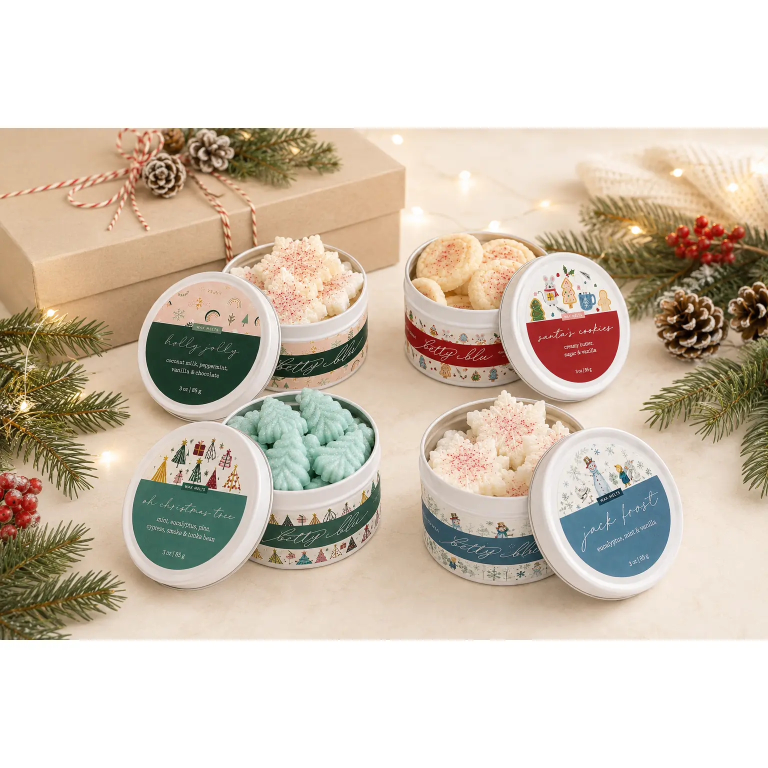 Wax Melt Gift Set | The Christmas Morning Box | 4 Holiday Scents | Pine Peppermint Sugar Cookie Eucalyptus | Christmas Wax Melts for Warmer | BettyBlu